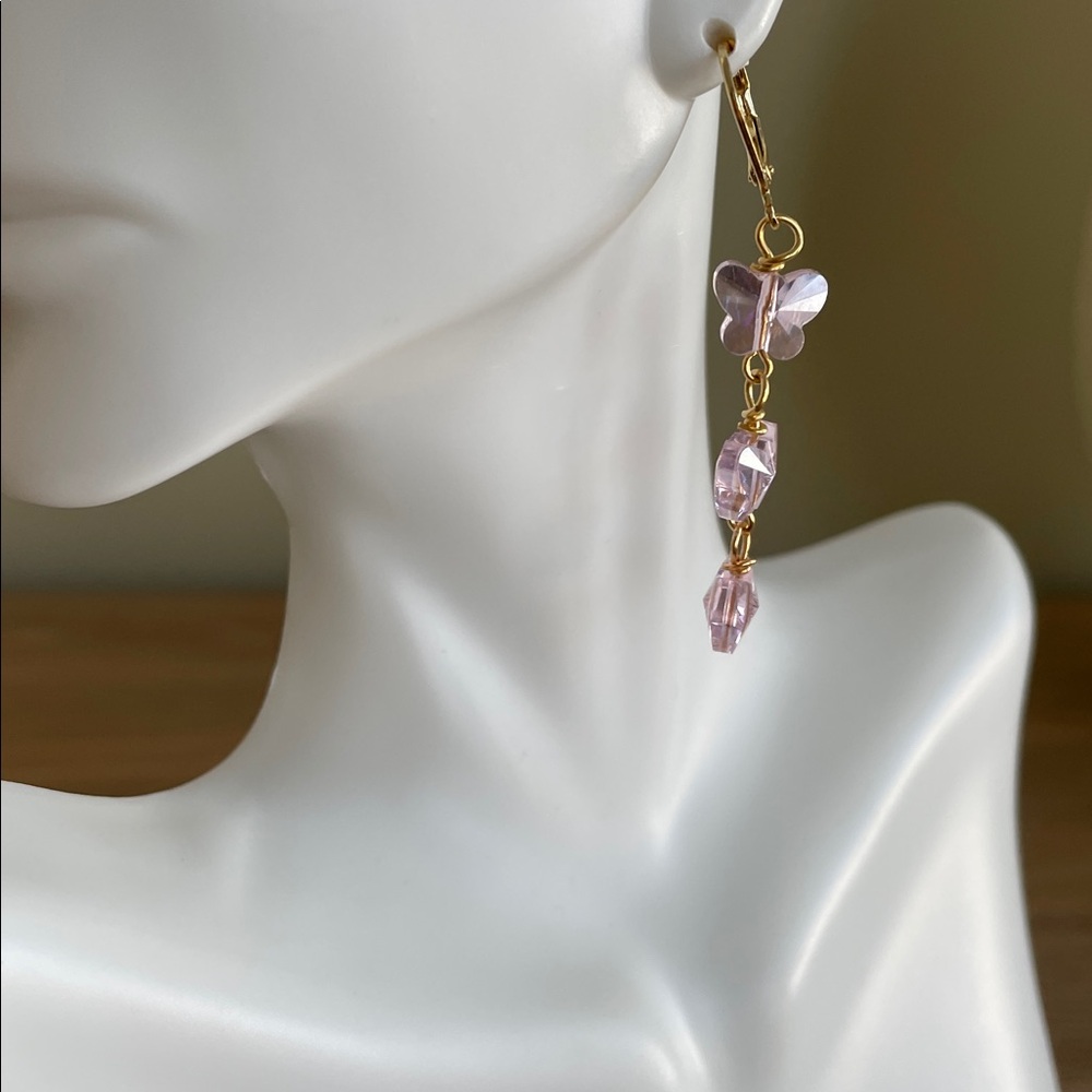 HAND CRAFTED PINK CRYSTAL BUTTERFLY EARRINGS - Picture 4 of 12